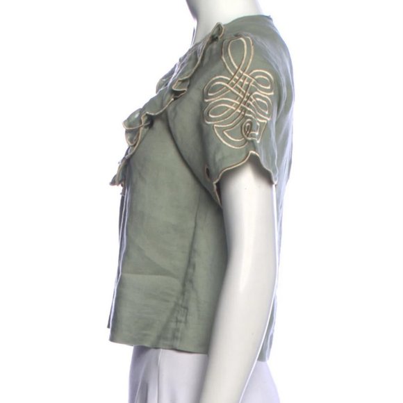 Innika Choo Linen Green Ruffle Embroidered Crew Neck Short Sleeve Crop Top - Picture 2 of 5